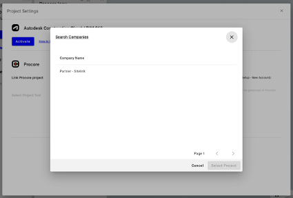 Select company and project to integrate